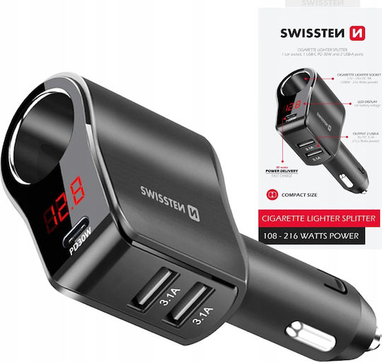 Swissten Φορτιστής Αυτοκινήτου 30W 10A με Θύρες: 2xUSB 1xType-C 1xΑναπτήρα Μαύρος