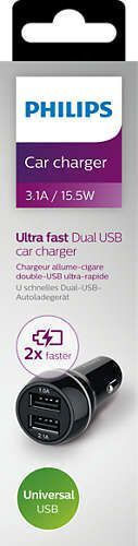 Philips Car Charger 15.5W 3.1A Fast Charging with Ports: 2xUSB Black Color