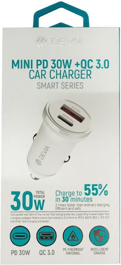 Devia Auto-Ladegerät 30W Schnellladung mit Anschlüssen: 1xUSB 1xType-C Weiß Farbe