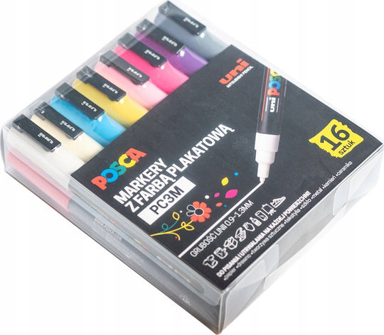 Uni-Ball Blister Posca PC-3M Permanent Markers 1.3mm Multicolour 16pcs