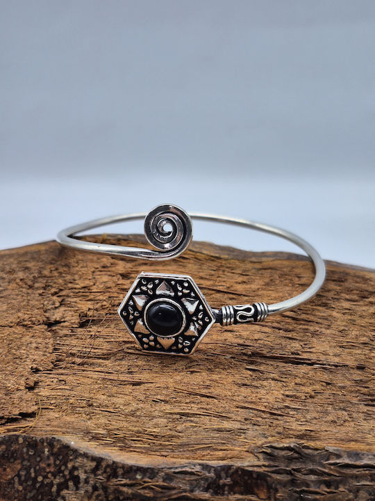 Silver Plated Bracelet Black Tourmaline Openable Handmade Jewelry