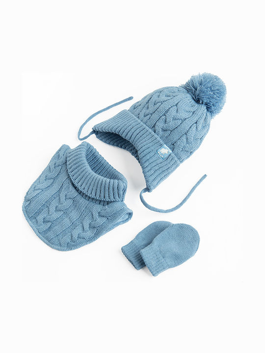 Kids Beanie Set with Gloves Knitted Blue 3pcs