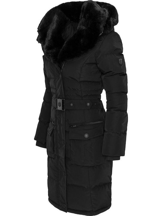 Lungă Jachetă de femei Puffer cu glugă de blană Negru