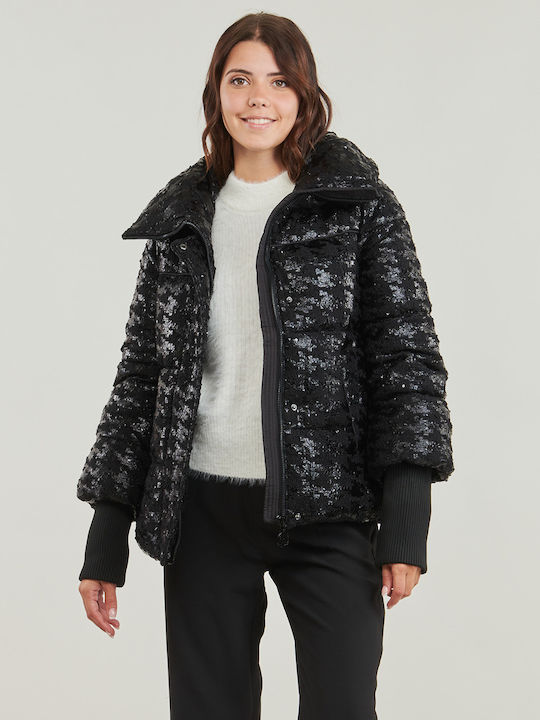 Kurz Damen Puffer Jacke für Winter Schwarz