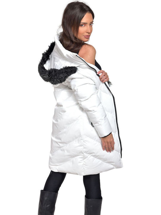 Urban V102 Lungă Jachetă de femei Puffer cu glugă de blană Alb