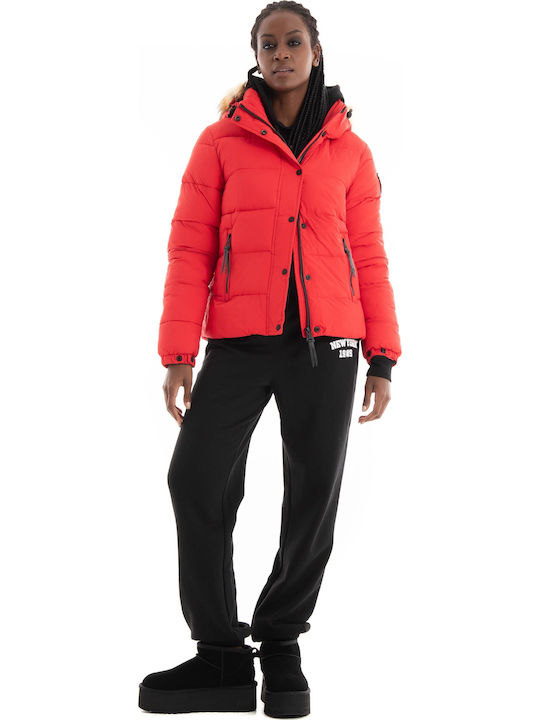 D3 Ovin Faux Women's Short Puffer Jacket for Winter with Hood Red