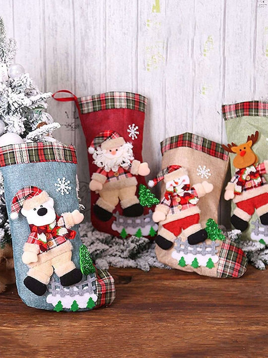 Șosetă Decorativă de Crăciun Poliester cu Άγιο Βασίλη / Ren / Om de zăpadă / Βrad mic L31xl19cm. 4buc