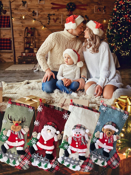 Șosetă Decorativă de Crăciun Poliester cu Άγιο Βασίλη / Ren / Om de zăpadă / Βrad mic L31xl19cm. 4buc