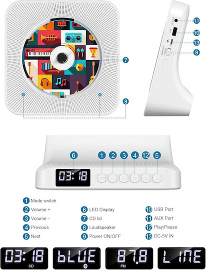 Φορητό Ηχοσύστημα mit CD-Spieler / Bluetooth / Radio / USB in Weiß Farbe