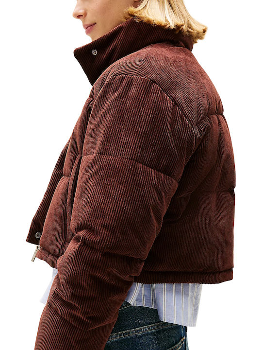 Women's Crop Puffer Jacket for Winter Brown