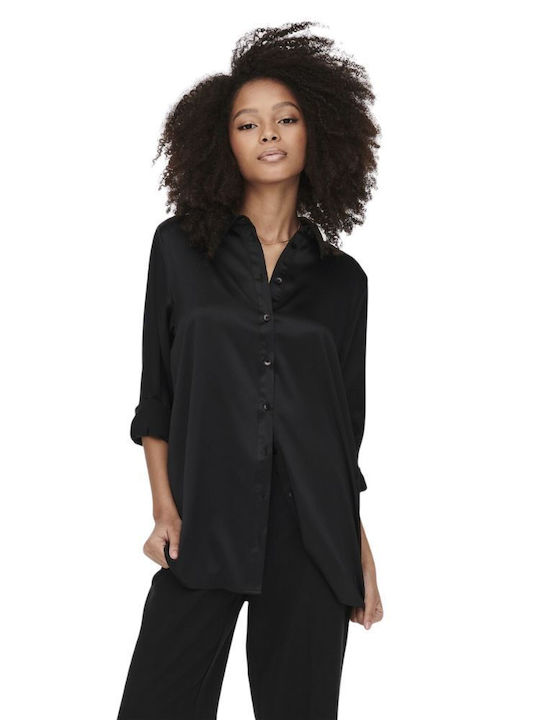 Langärmeliges Damenhemden Satin Piquée Schwarz
