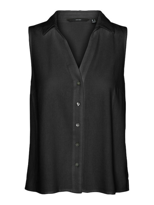 Ärmellos Damen Leinen Hemd Black