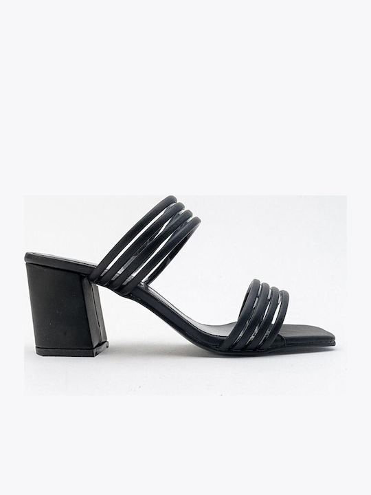 Leather Mules with Heel in Black Color
