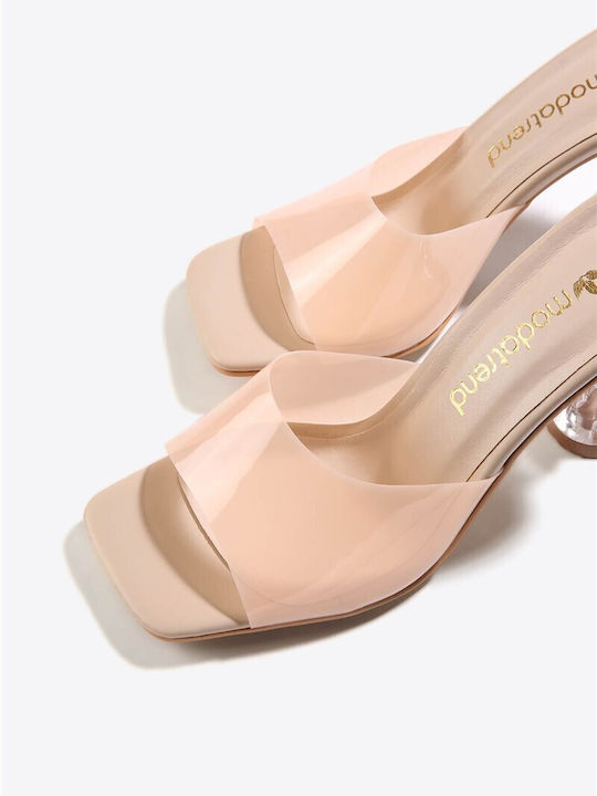 Leder Mules mit Absatz in Beige Farbe