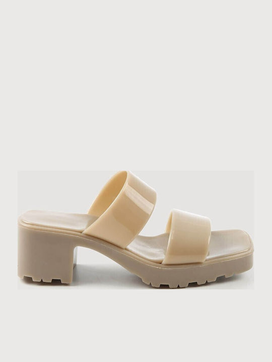 Δερμάτινα Mules με Τακούνι σε Μπεζ Χρώμα