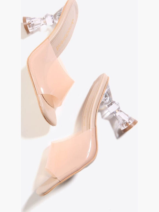 Leder Mules mit Absatz in Beige Farbe