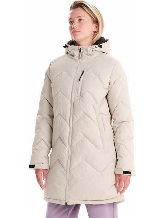 Women's Long Puffer Jacket Waterproof and Windproof for Winter with Hood Ecru