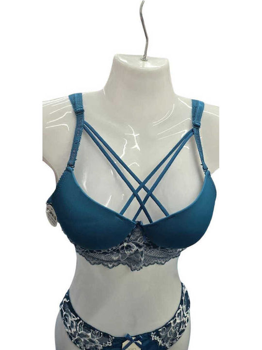 Luna Dantelat Set de Lenjerie Sutien cu Slip Albastru