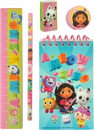 Kids Licensing Gabby's Dollhouse Kids Stationery Set with Pencil, Sharpener, Eraser, Notepad and Ruler 5pcs