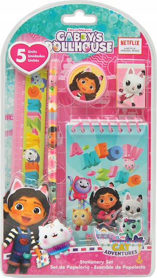 Kids Licensing Gabby's Dollhouse Kids Stationery Set with Pencil, Sharpener, Eraser, Notepad and Ruler 5pcs