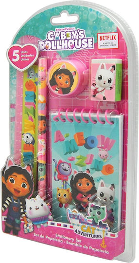 Kids Licensing Gabby's Dollhouse Kids Stationery Set with Pencil, Sharpener, Eraser, Notepad and Ruler 5pcs