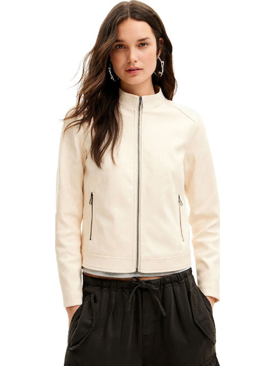 Toronto Women's Short Biker Leather Jacket for Winter Beige