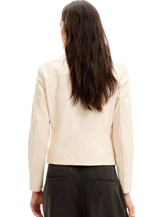 Toronto Women's Short Biker Leather Jacket for Winter Beige