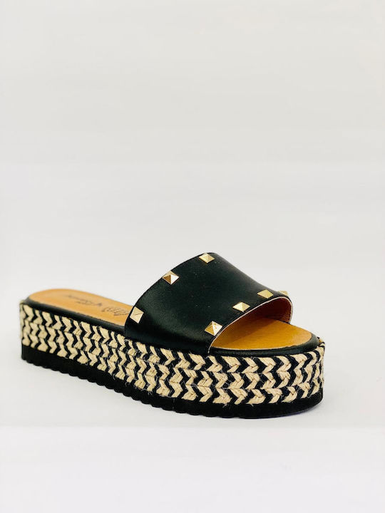 Leather Women's Flat Sandals Flatforms in Black Color