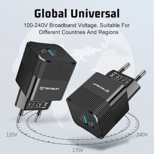 Techsuit Charger Without Cable GaN with USB-A Port and USB-C Port 25W Power Delivery / Quick Charge 3.0 Whites (CHPD216)