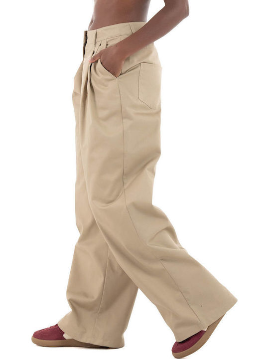 Damen Hoch tailliert Stoff Hose Beige