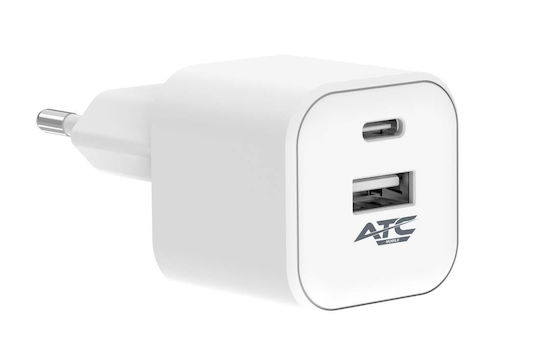 ATC Ladegerät ohne Kabel mit USB-A Anschluss und USB-C Anschluss 12W Stromlieferung Weißs (ATC-CH10)