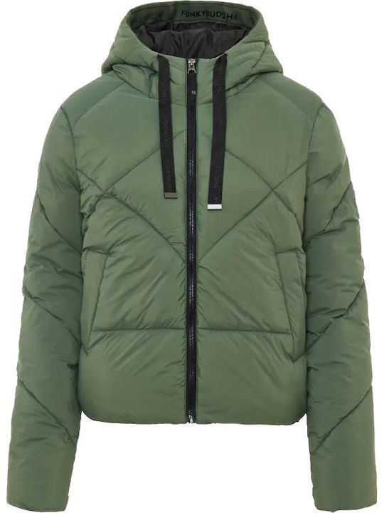Women's Short Puffer Jacket for Winter with Hood Green