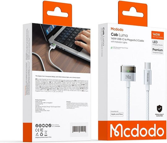 Mcdodo Magnetisch / LED USB 2.0 Kabel USB-C männlich - Magsafe 3 140W Weiß 2m