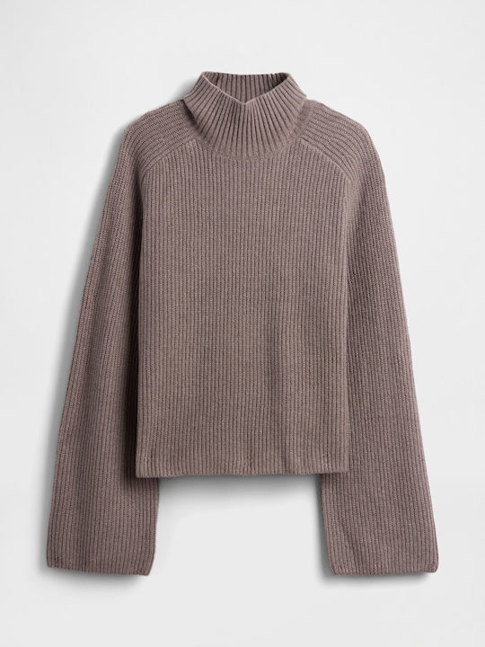 Women's Long Sleeve Crop Sweater Cotton Turtleneck Toasted Almond Brown