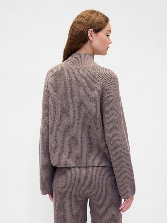 Women's Long Sleeve Crop Sweater Cotton Turtleneck Toasted Almond Brown