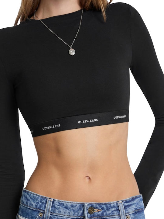 Bluza Damă Crop Top Bumbac Mânecă Lungă Negru