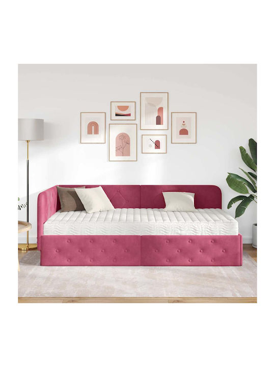 Red Velvet Upholstered Single Sofa Bed with Slats and Mattress 90x200cm 3394086