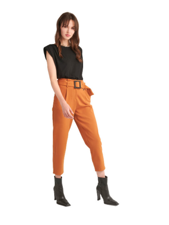 Women's High-waisted Fabric Trousers Burnt Yellow