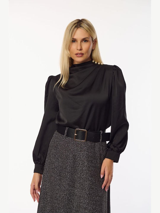 Damen Satin Bluse Langärmelig Black
