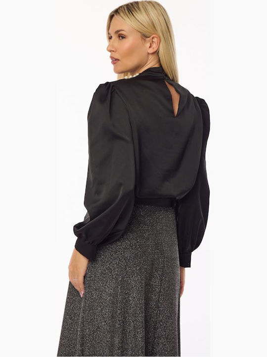 Damen Satin Bluse Langärmelig Black