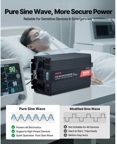 Vevor Car Inverter Pure Sinewave 3500W to Converter 12V DC in 230V AC