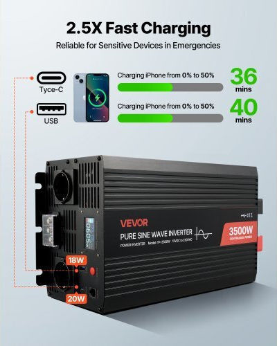 Vevor Car Inverter Pure Sinewave 3500W to Converter 12V DC in 230V AC