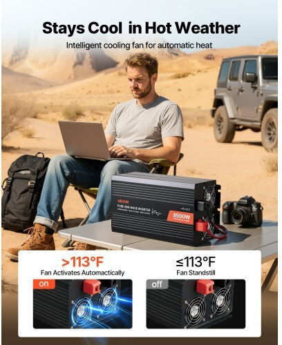 Vevor Car Inverter Pure Sinewave 3500W to Converter 12V DC in 230V AC