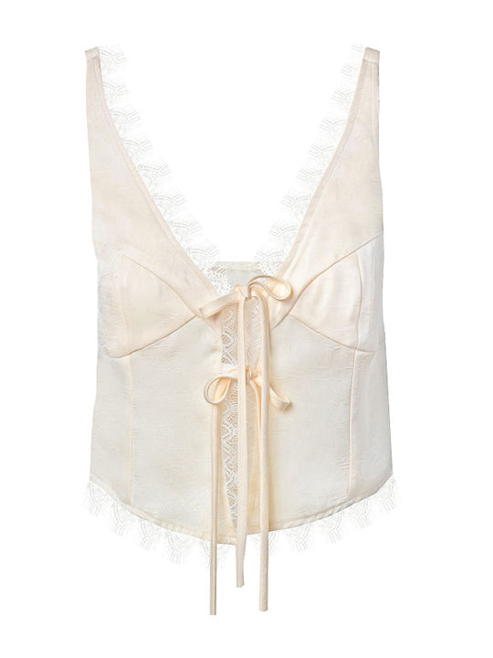 Women's Blouse Satin with Straps & V Neckline Ecru