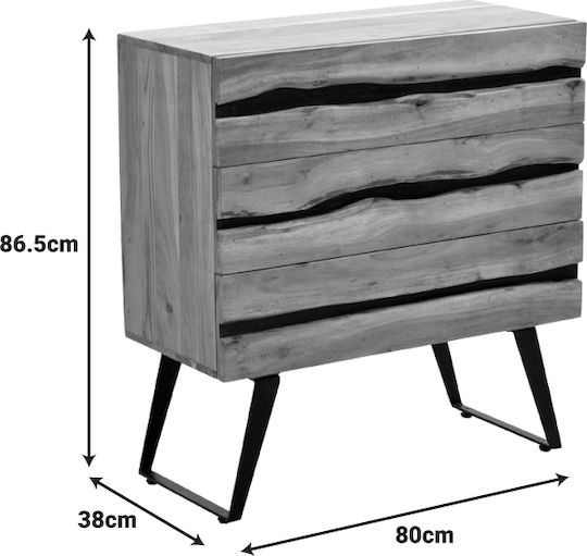 Imena Metallic Chest of Drawers of Solid Wood with 3 Drawers Natural Shade 80x38x86.5cm