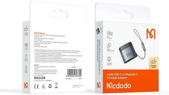 Mcdodo Otg Adapter Ot-6850 Type-C To Magsafe 3 140W Aluminum Alloy Led Indicator Macbook Air Pro Black