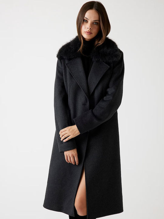 Wool Women's Black Coat with Fur Details