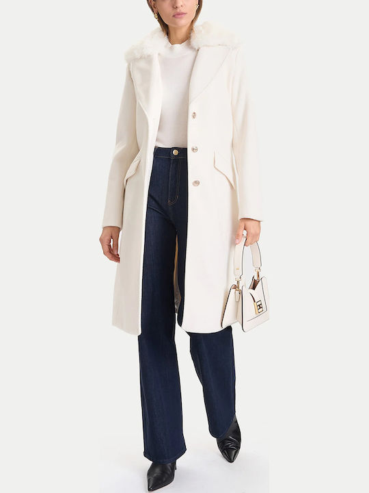 Damen Ecru Mantel mit Fellbesatz