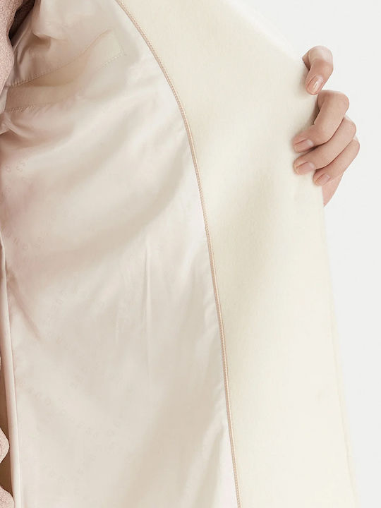 Дамско Cream White Палто с кожени детайли