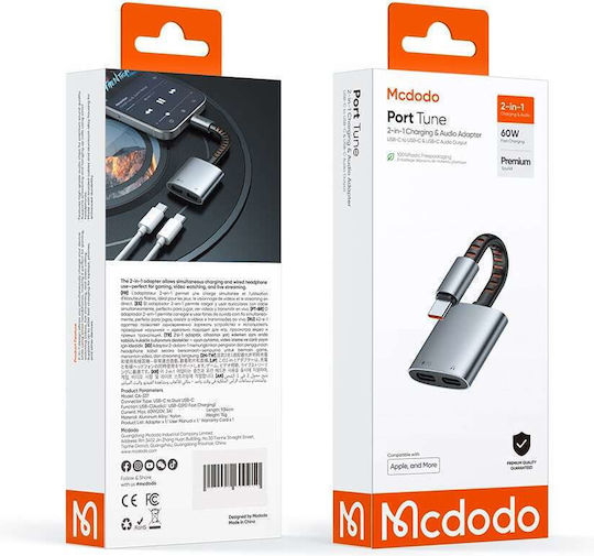 Mcdodo Audio Μετατροπέας USB-C male σε USB-C 2x female Γκρι 1τμχ